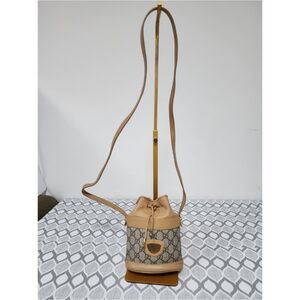 GUCCI Vintage Monogram Canvas Mini Drawstring Bucket Bag Brown/Beige